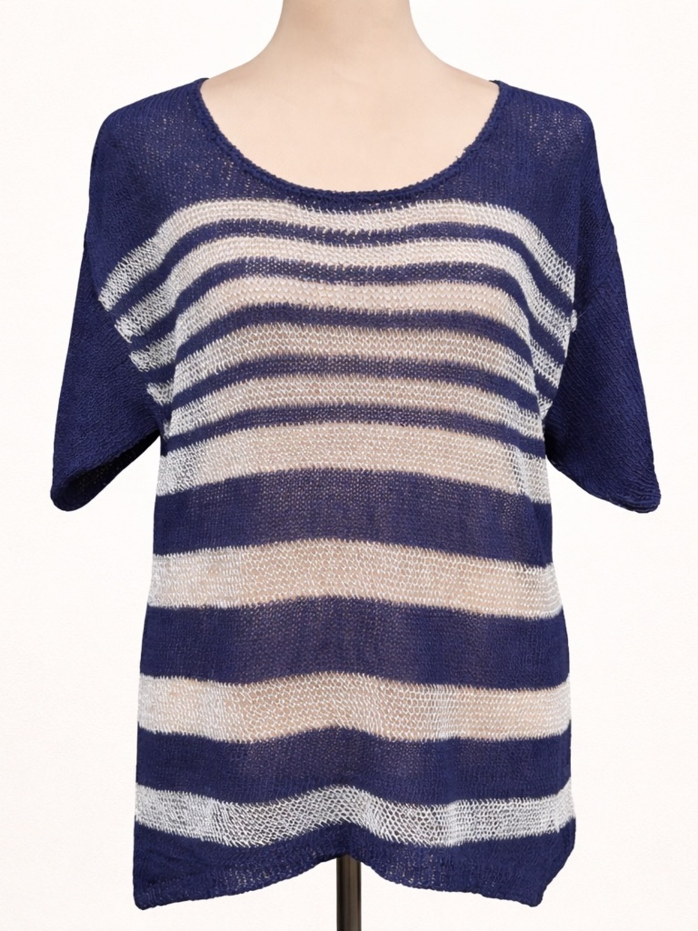 Dolce Cabo Navy Silver Metallic Stripe Sheer Knit Top NWT M